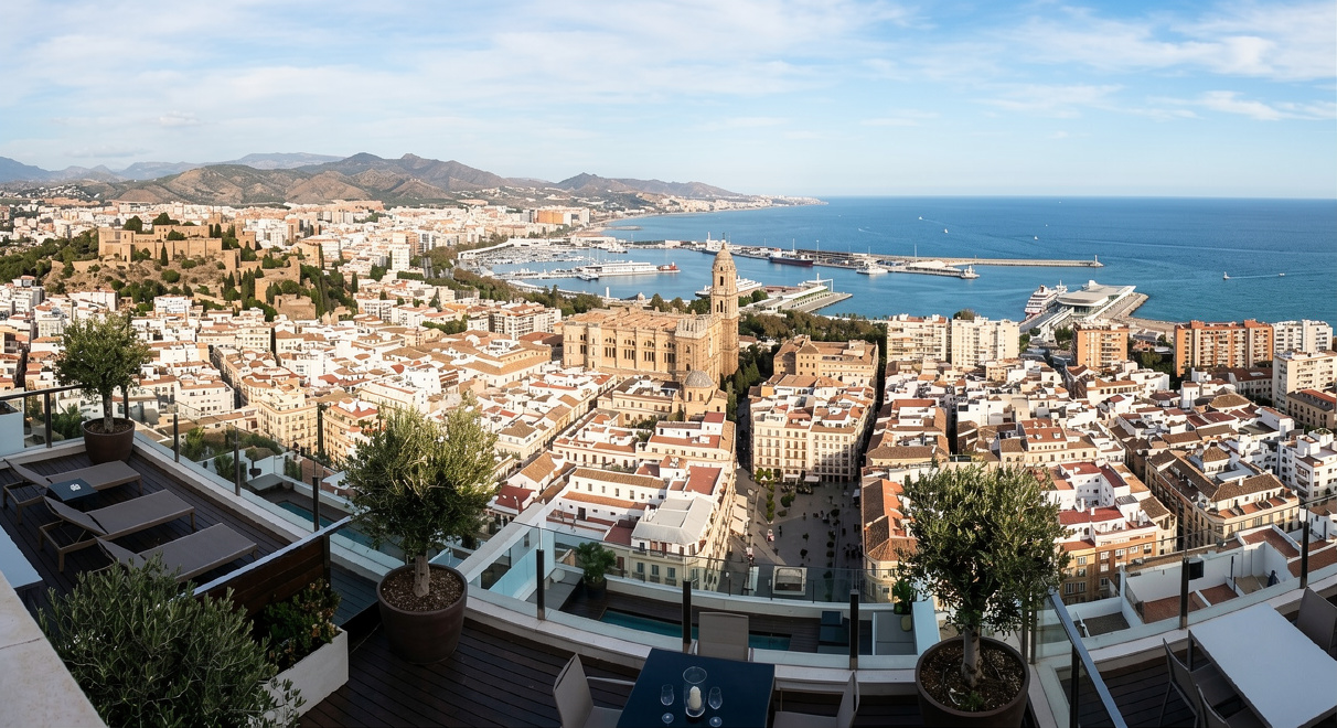 Vista de plano abierto de Málaga desde una amplia terraza con mobiliario moderno. Se aprecian la Catedral, el puerto y el mar bajo un cielo despejado.